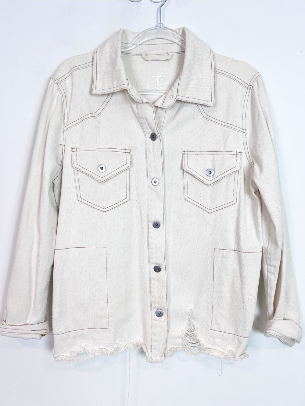 BY TALIA OFF-WHITE IVORY DENIM BUTTON FRONT JACKET SHACKET FRAY HEM WOMENS SMALL